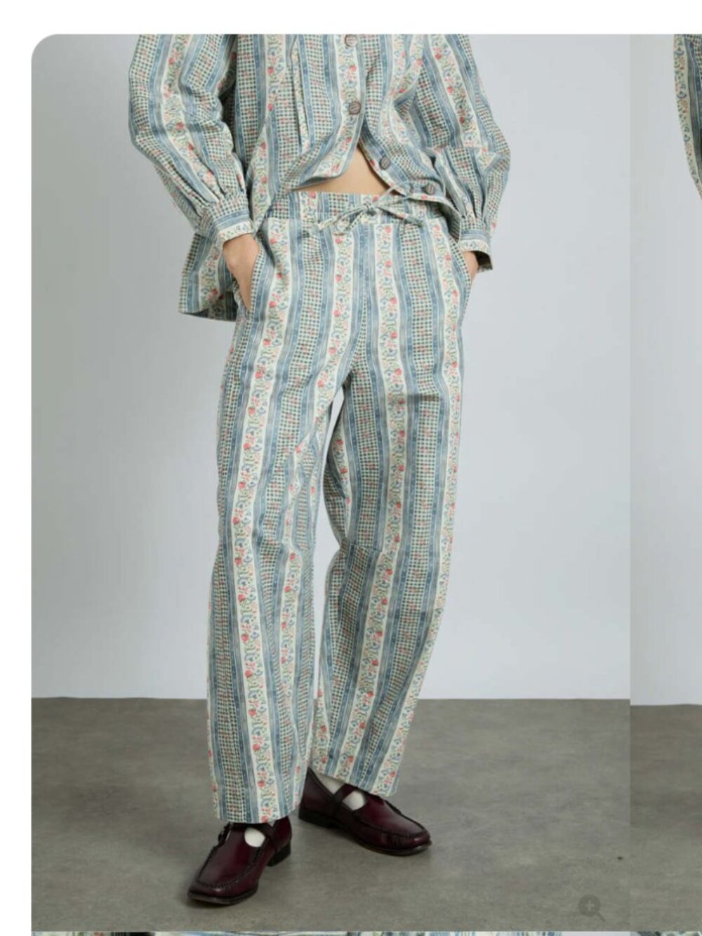 Striped Floral Wide-Leg Pants in Light Blue